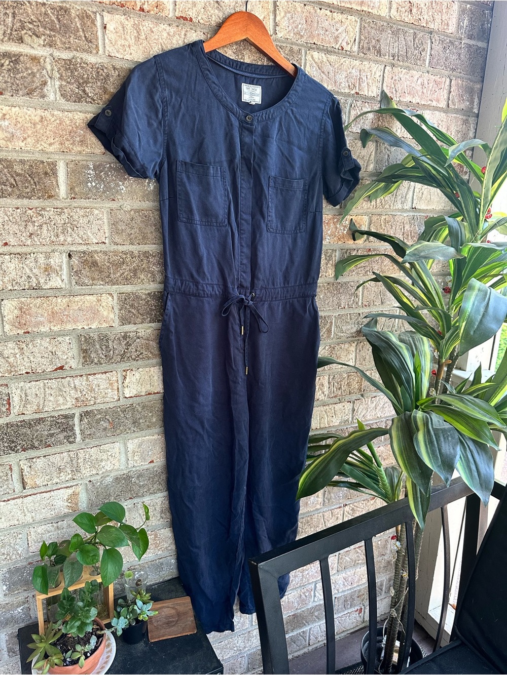 Women's Navy Short-Sleeve Jumpsuit with Drawstring Waist with pockets